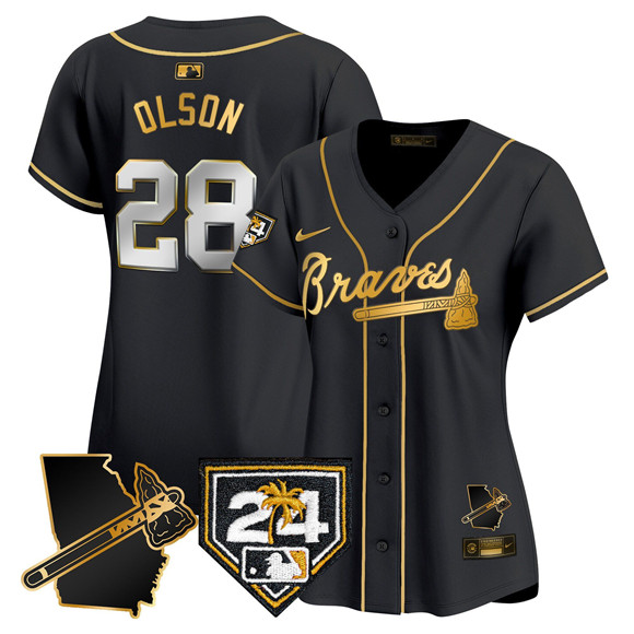Women's Atlanta Braves #28 Matt Olson Black Gold 2024 Spring Training & Georgia Patch Vapor Limited Stitched Baseball Jersey(Run Small) Women's Atlanta Braves #28 Matt Olson Black Gold 2024 Spring Training & Georgia Patch Vapor Limited Stitched Baseball Jersey(Run Small)